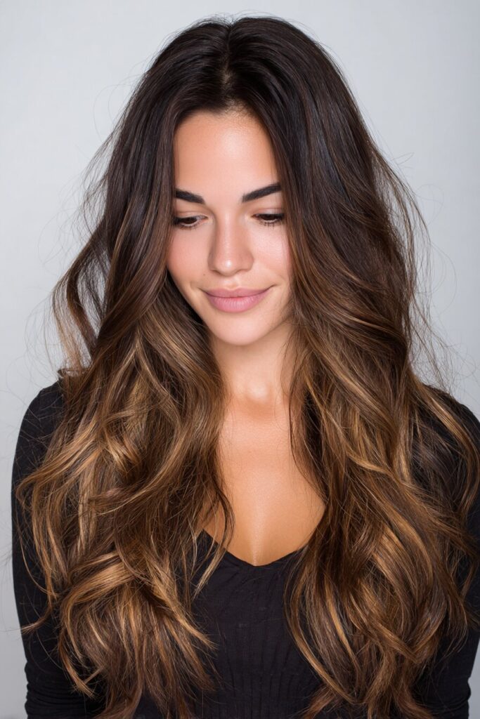 Espresso brown balayage hair with warm dimensional lowlights