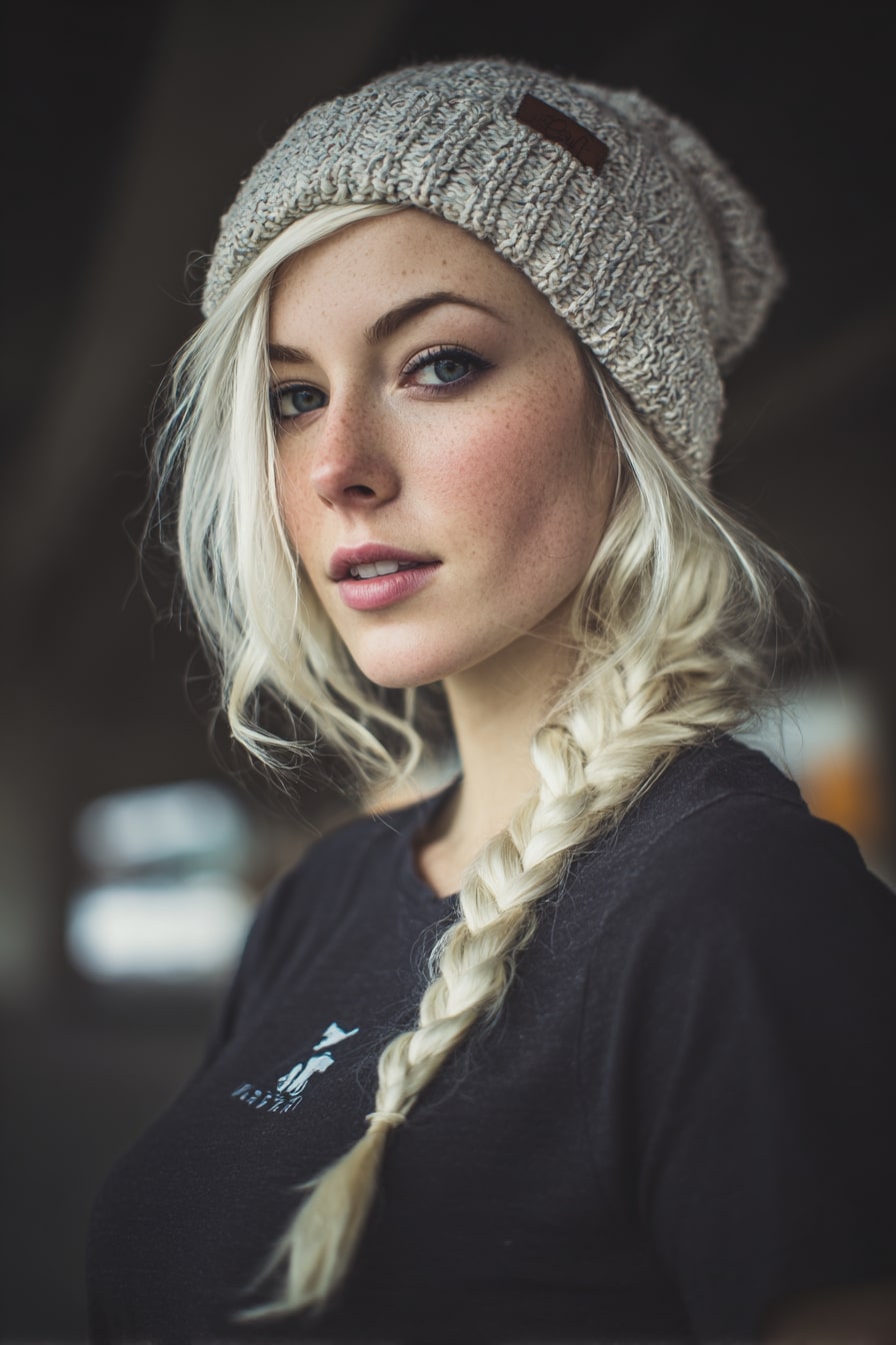 Blonde woman in a gray knit beanie with a neat side braid
