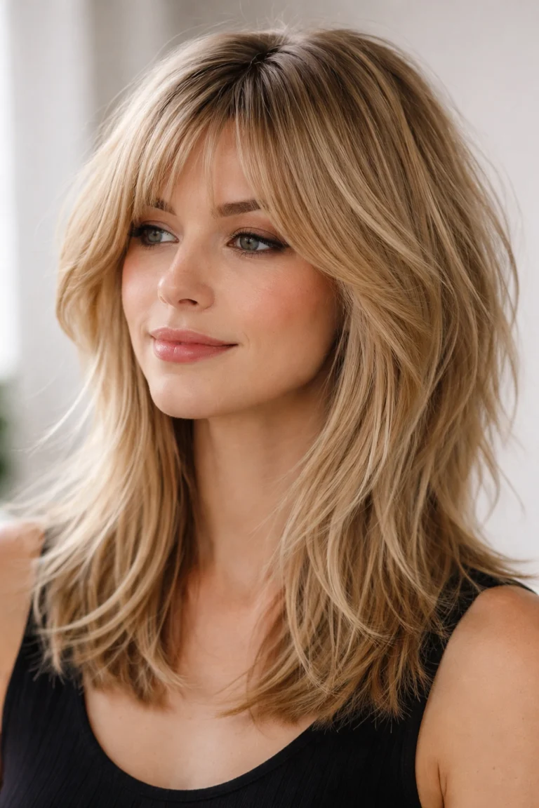 Honey blonde textured shag with curtain bangs