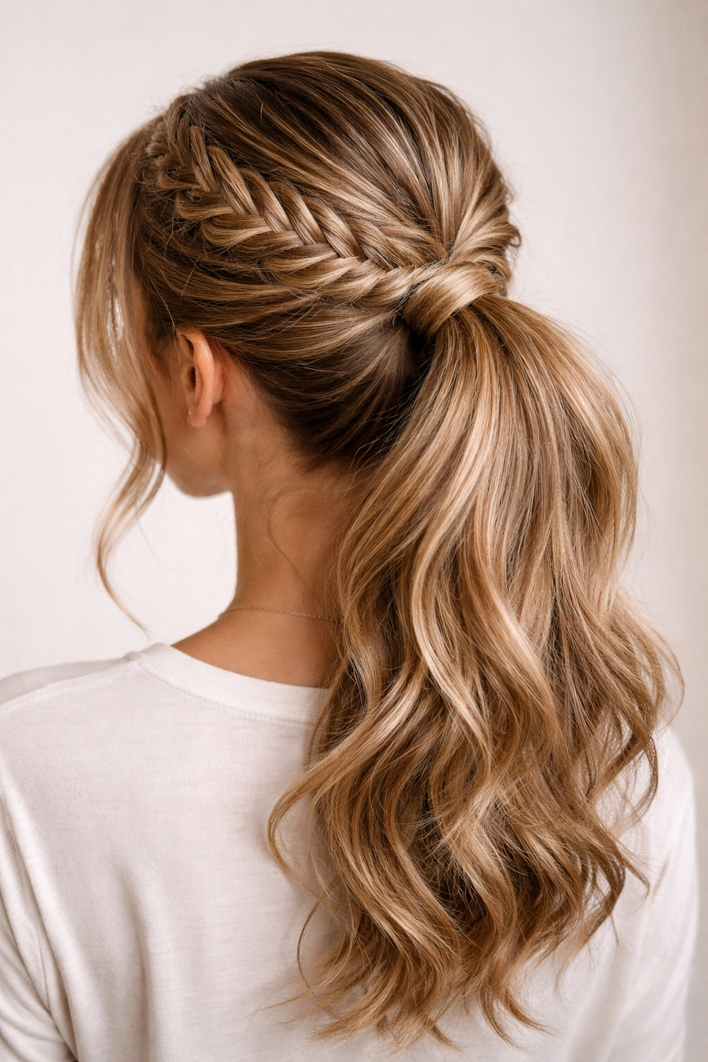A fishtail braid flowing into a low wavy ponytail