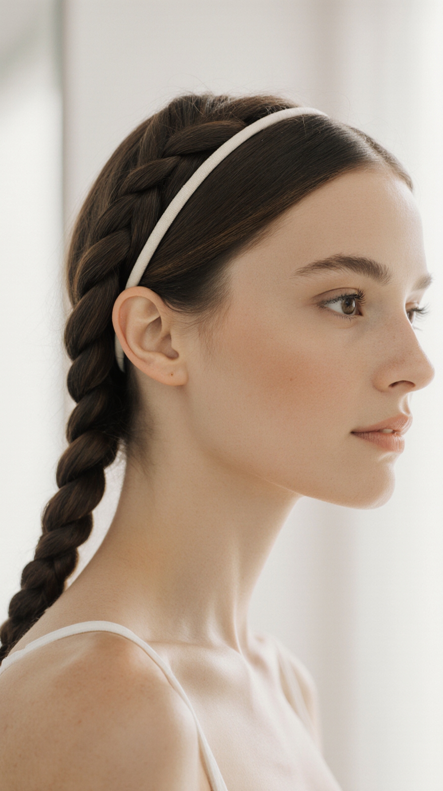 Woman with a long dark side braid wearing a slim white satin headband