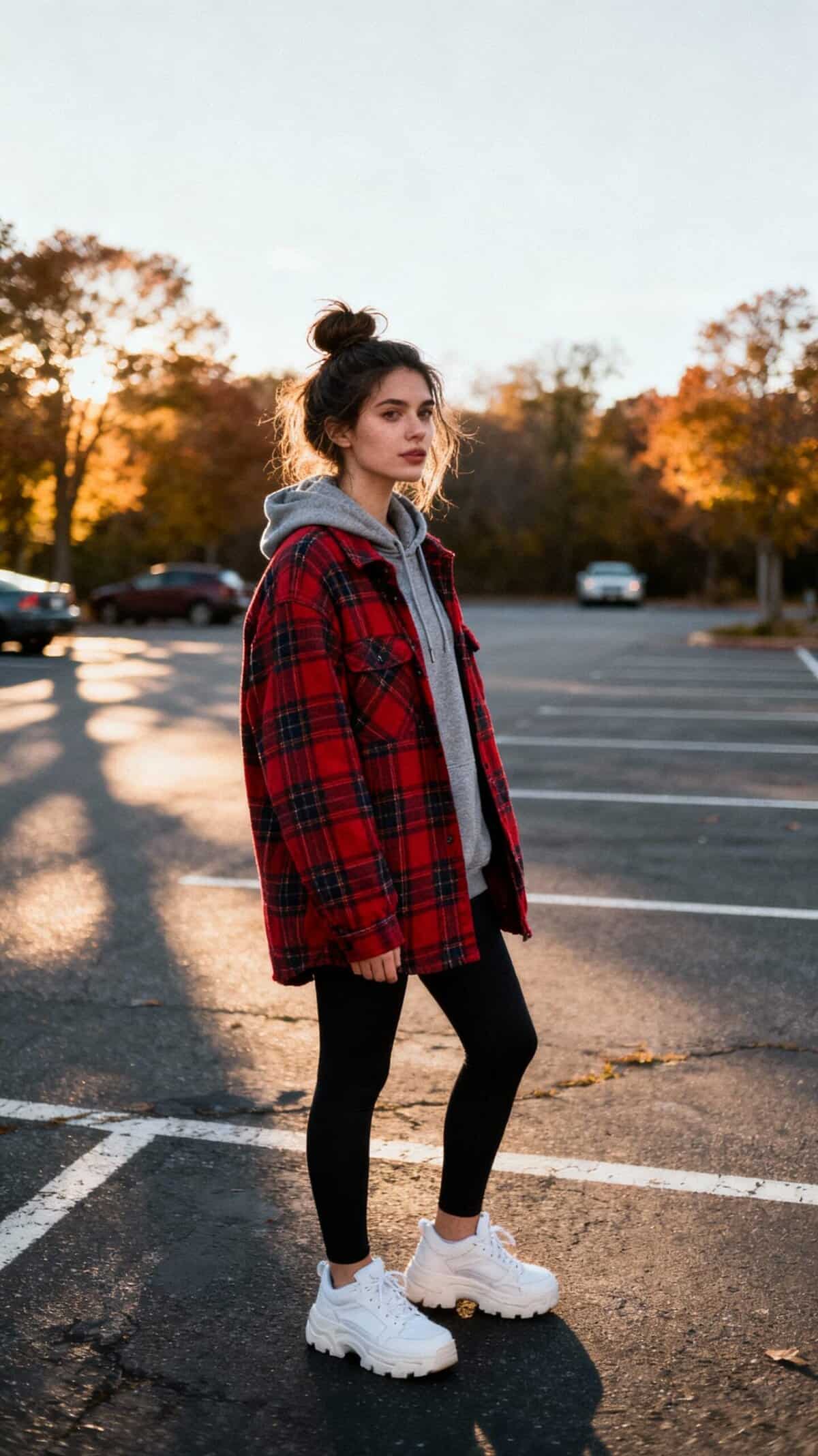 Woman in red flannel shirt layered under hoodie with jeans