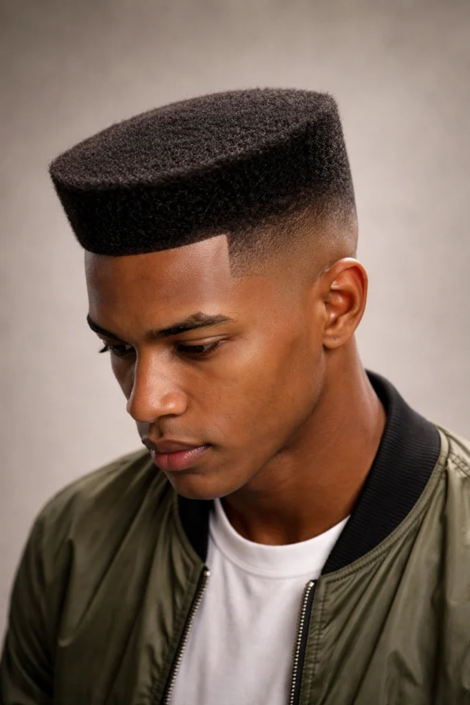 Man with a flat top haircut and tapered sides