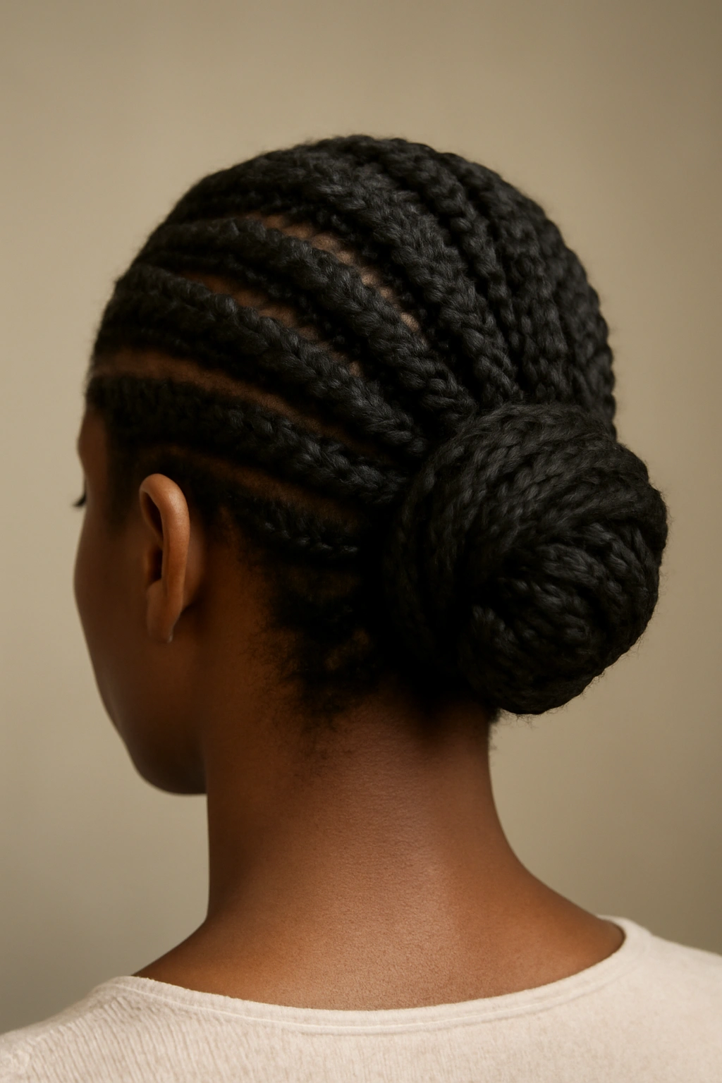 Back view of flat twists swept into a wrapped low bun