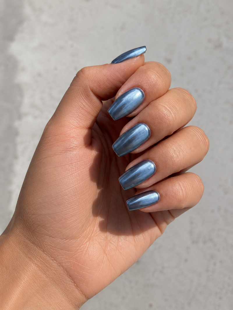 Medium square nails in pale icy blue dip powder with a mirror-like chrome finish