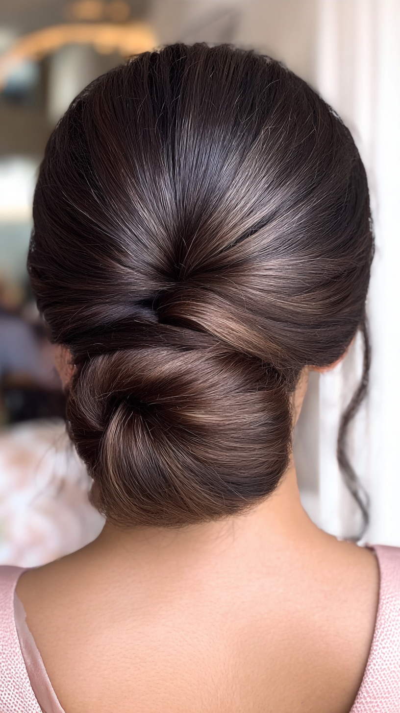 Back view of a low twisted chignon updo