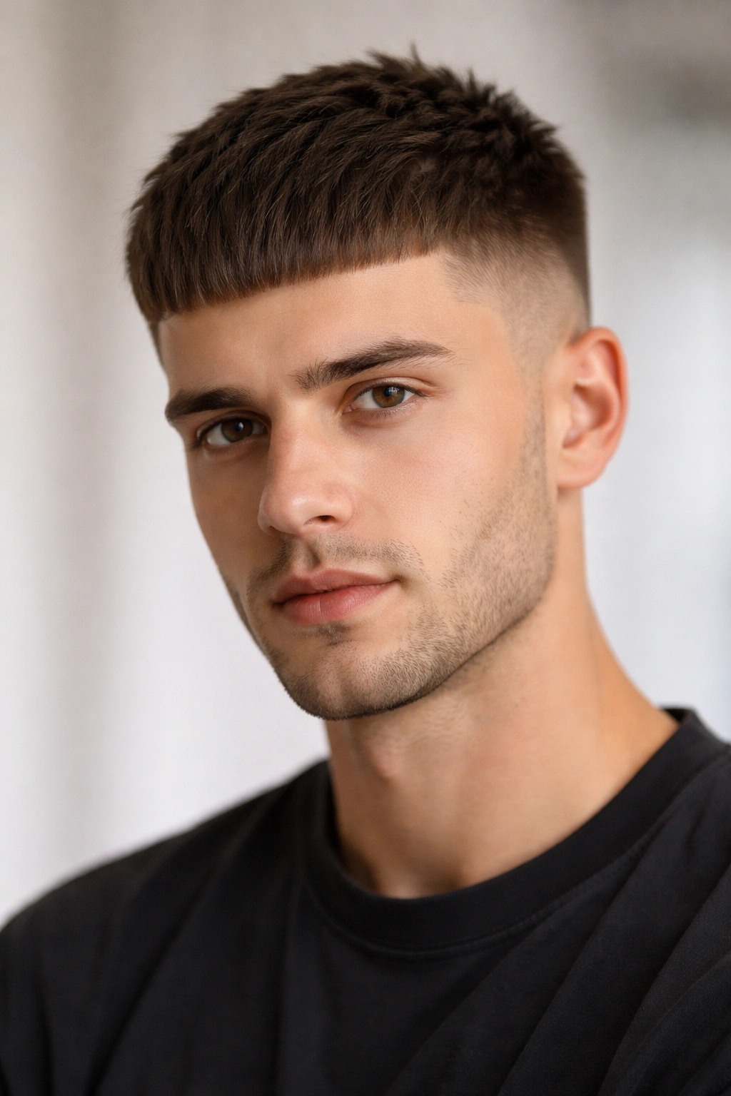 Man with a French crop haircut and blunt fringe