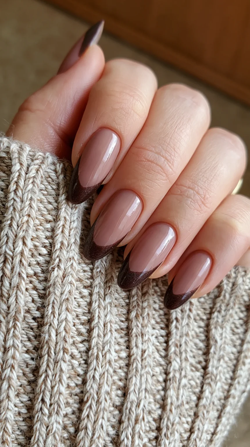 Almond nails with nude pink base and dark chocolate brown French tips