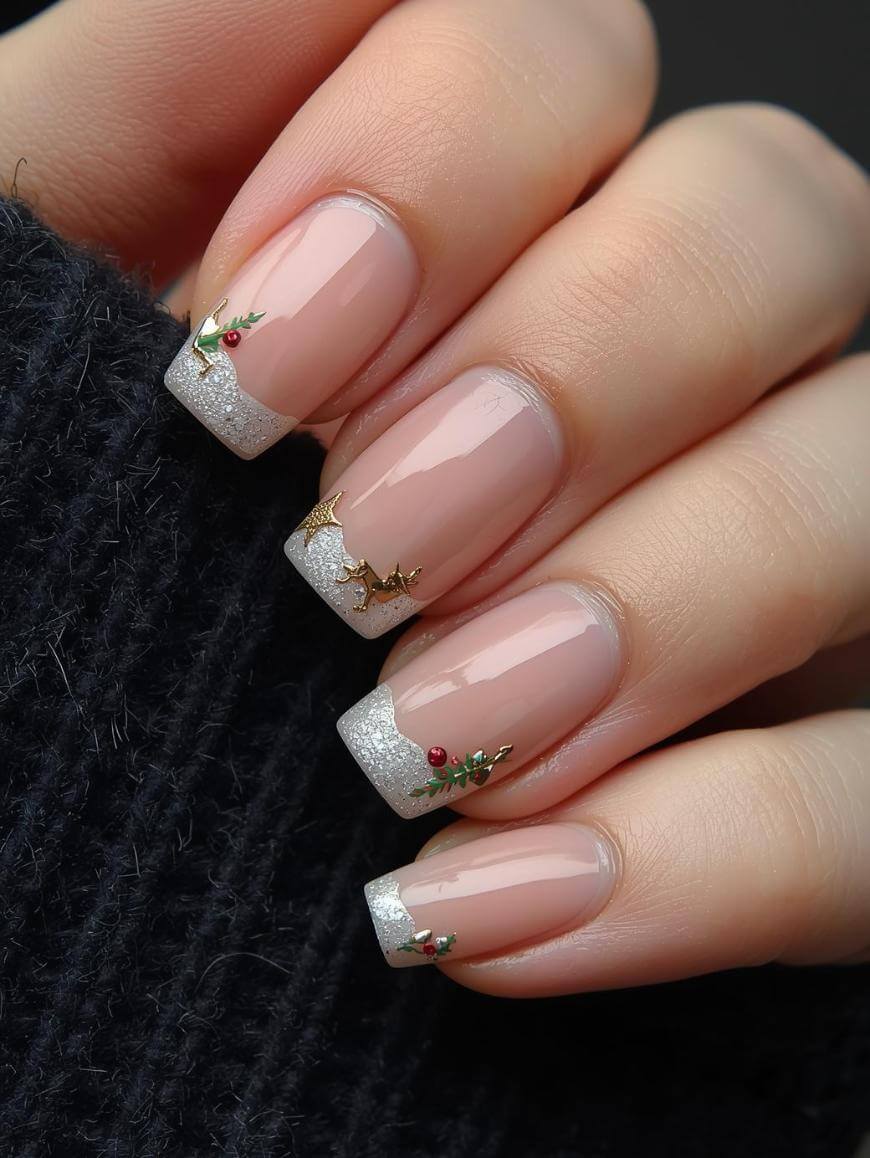 Silver glitter French tip nails with gold charms