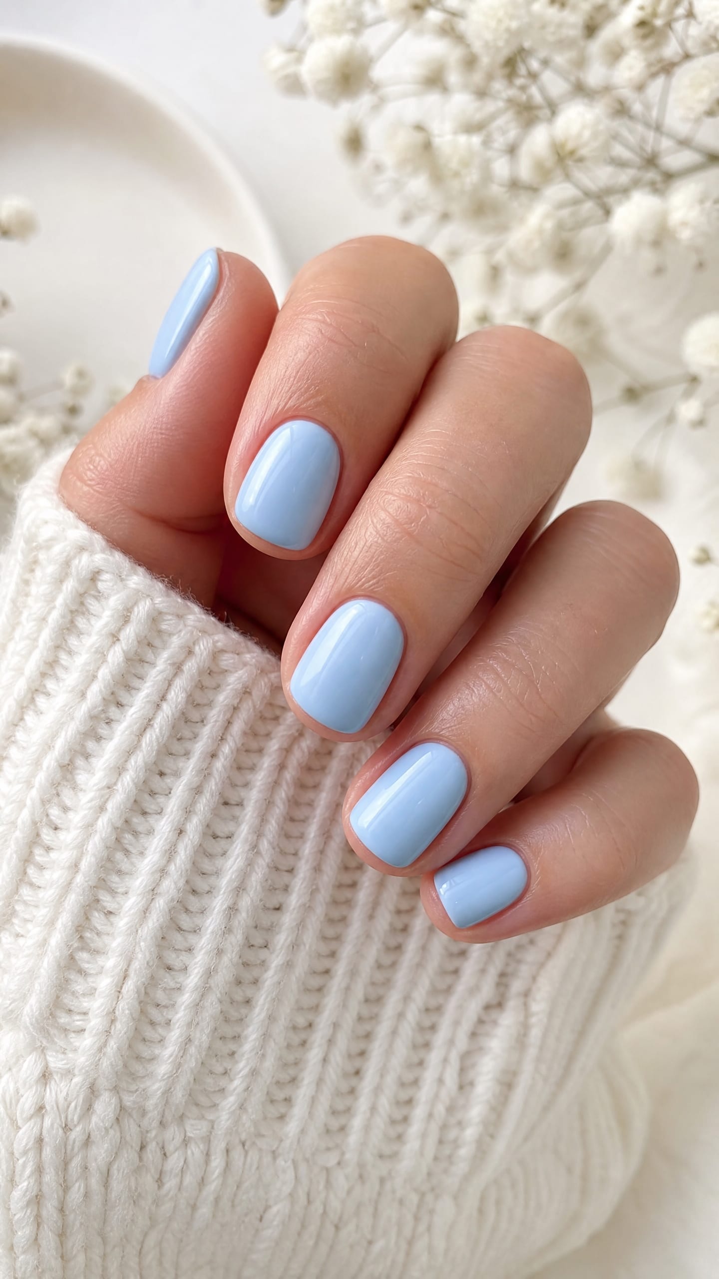 Short square nails painted in opaque glossy powder blue