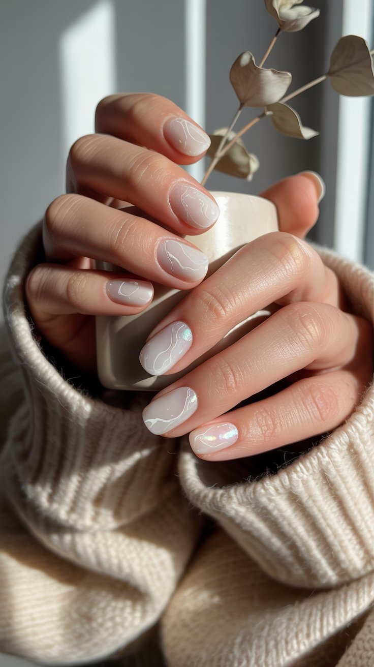 Short almond nails in milky white with soft marble veining and iridescent accents.