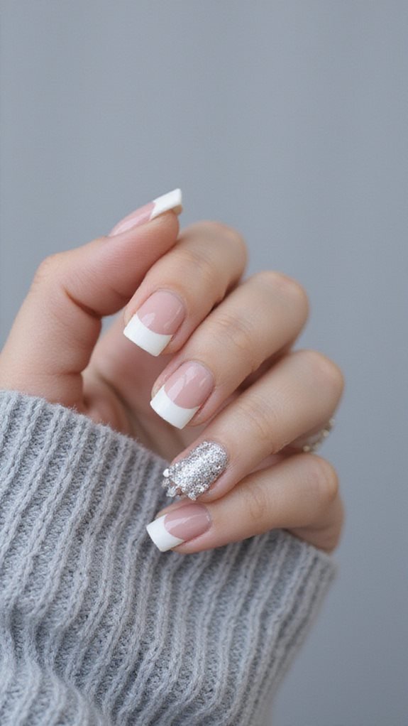 White French tip nails with silver glitter