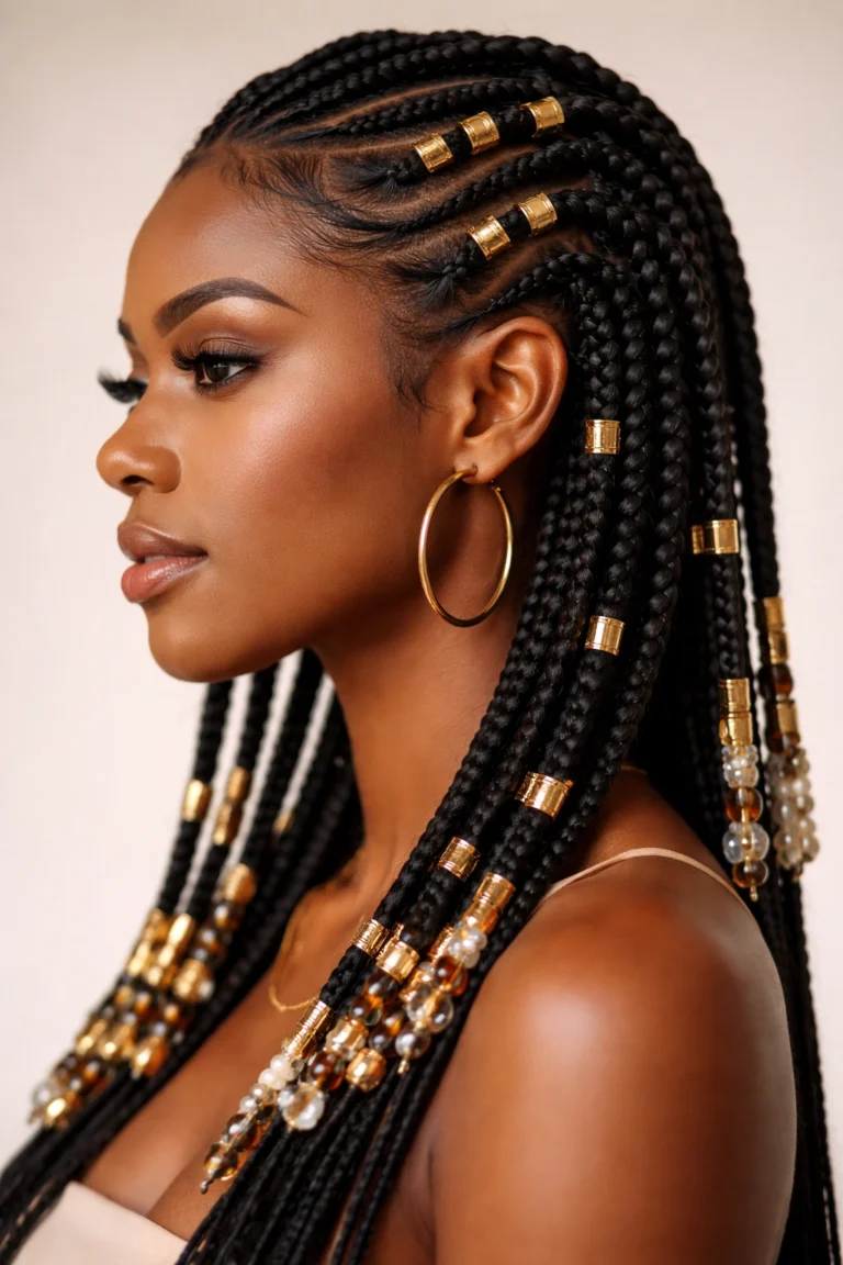 Fulani braids decorated with silver hair cuffs