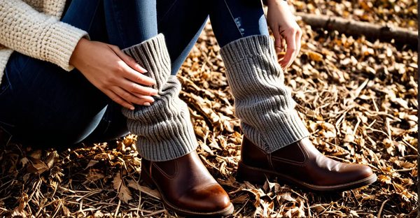 Grey marled leg warmers scrunched over brown leather ankle boots among autumn leaves