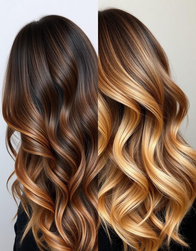 Dark brunette hair with burnished gold balayage ends