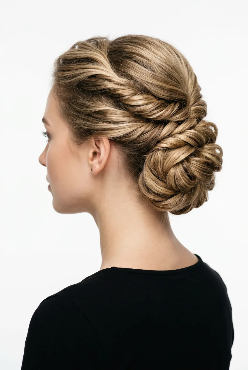 Woman with a Gibson tuck vintage updo hairstyle