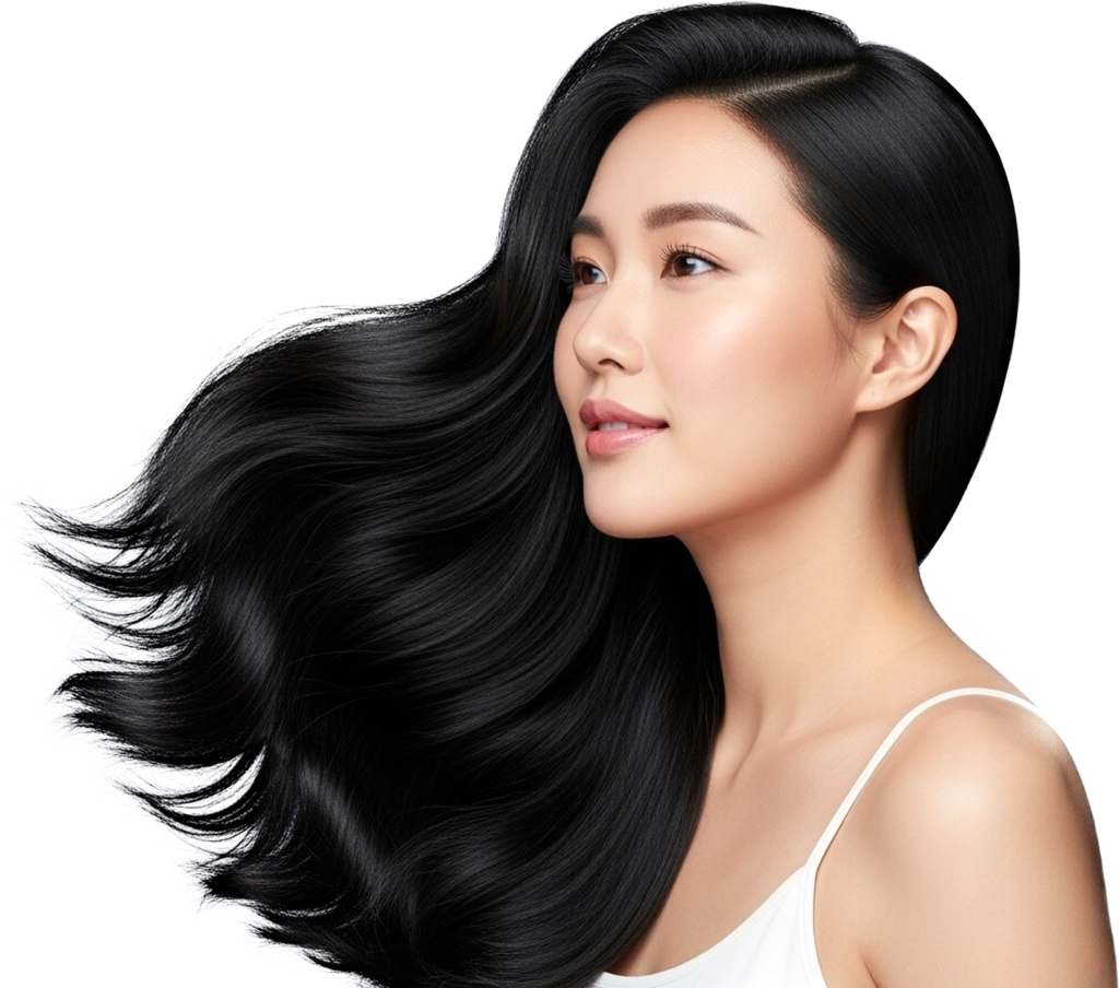 Long flowing black hair with high shine on a woman with fair skin
