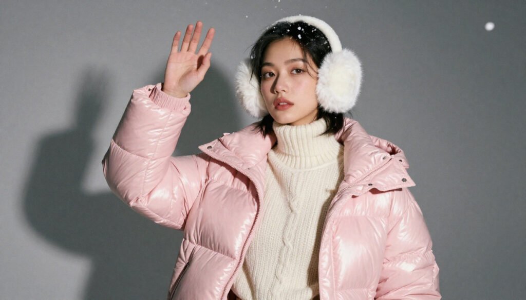 Woman wearing white fluffy earmuffs, a glossy pink puffer jacket, and a cream cable turtleneck