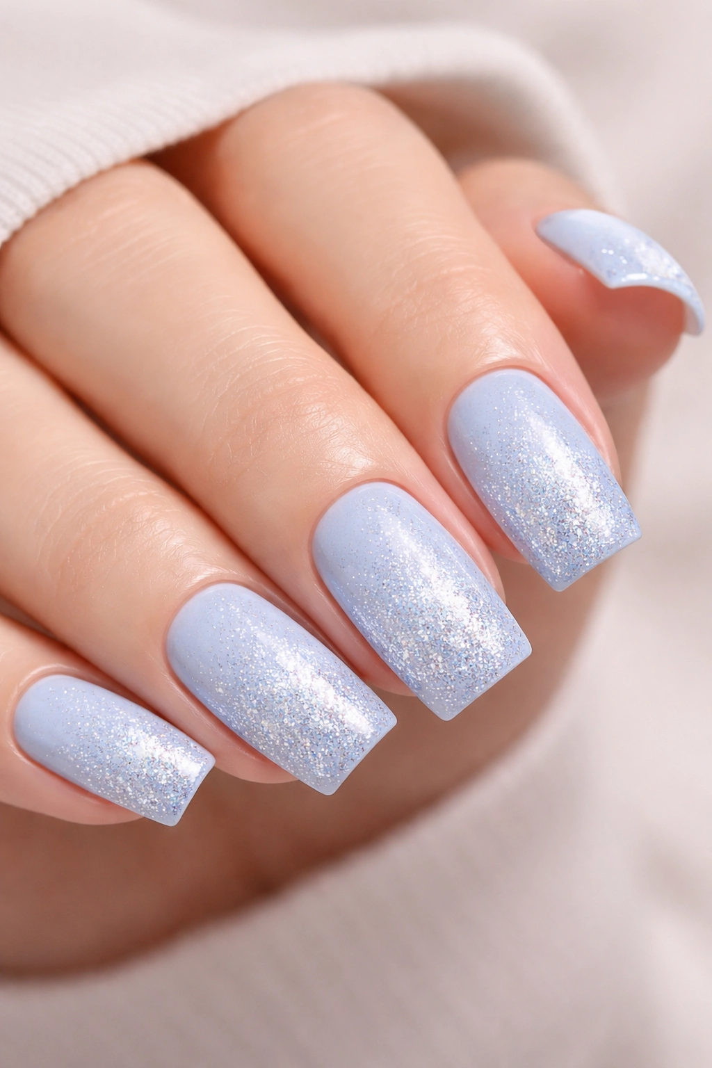 Icy blue shimmer nails with glitter gradient