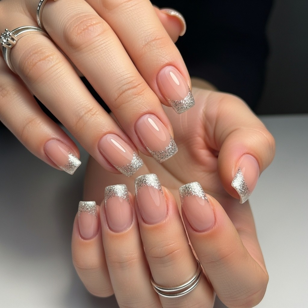Square nude nails with dense silver glitter French tips fading softly into the nude base.