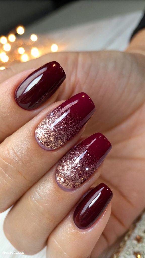 Burgundy nails with rose gold glitter gradient fading to deep plum
