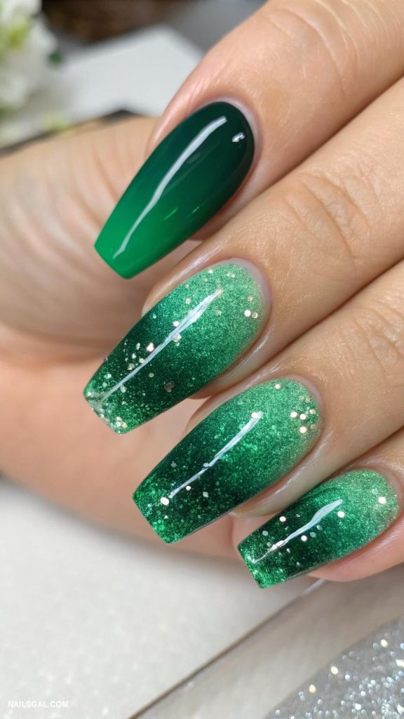 Emerald green glitter ombre nails fading into sparkle