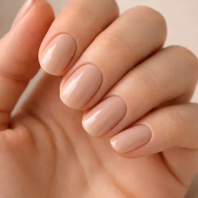 Short oval nails in glossy warm beige nude polish