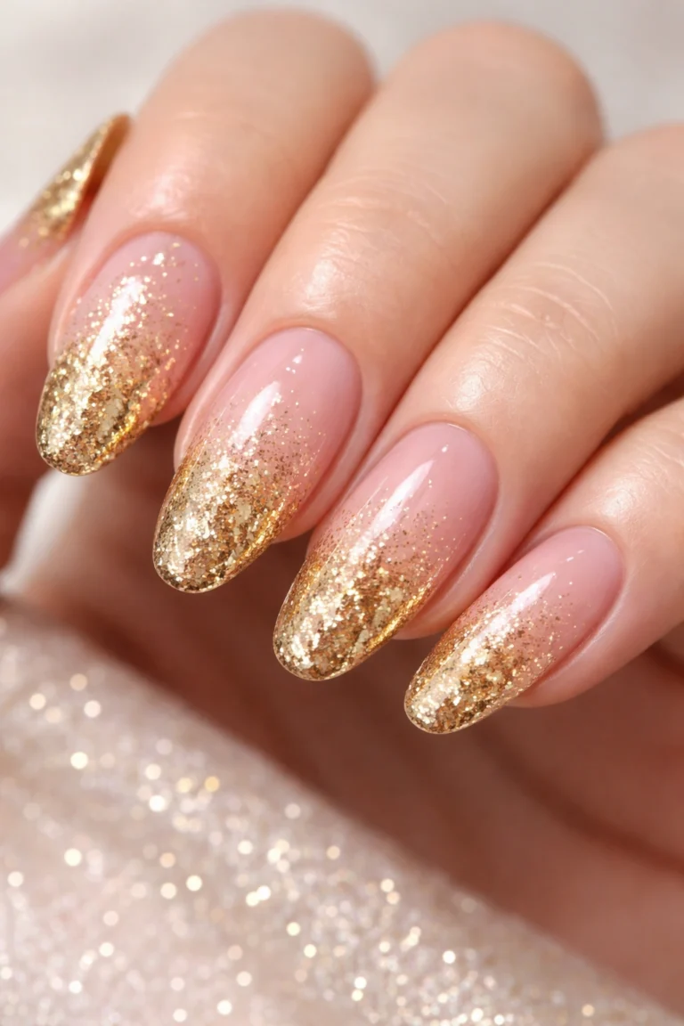 Blush pink gradient nails with gold glitter details