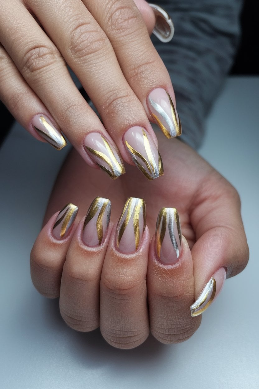 Long coffin nails in sheer nude pink with gold and silver metallic swirl line art