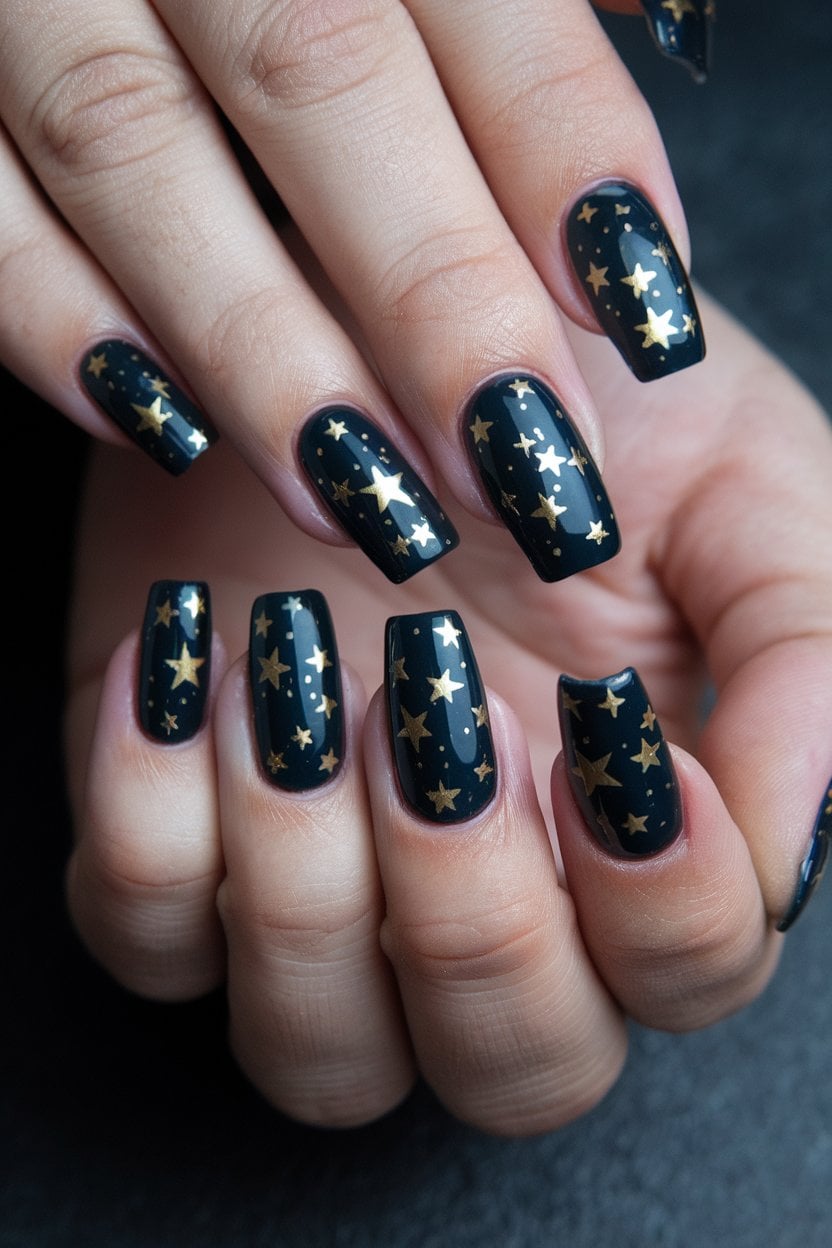 Near-black midnight nails scattered with gold star decals.