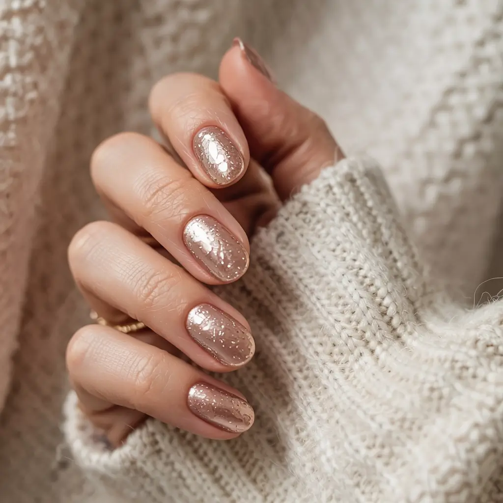 Champagne shimmer glitter nail polish on short oval nails with a cream sweater