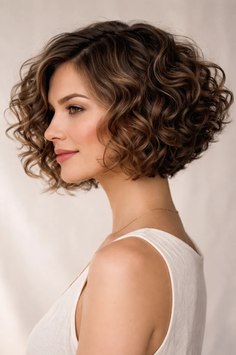 Graduated curly bob haircut with stacked shape and volume