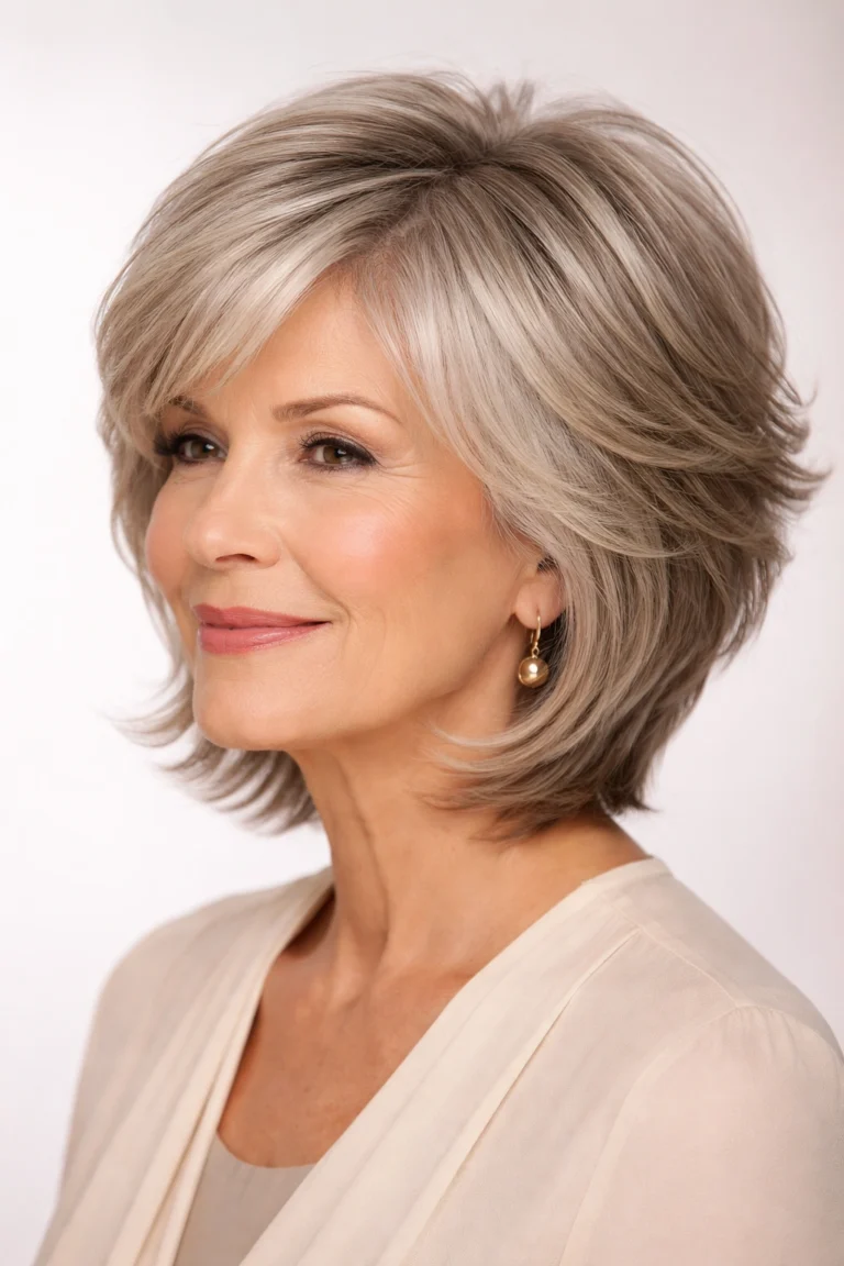 Older woman with a graduated feathered silver bob with flicked-out layers
