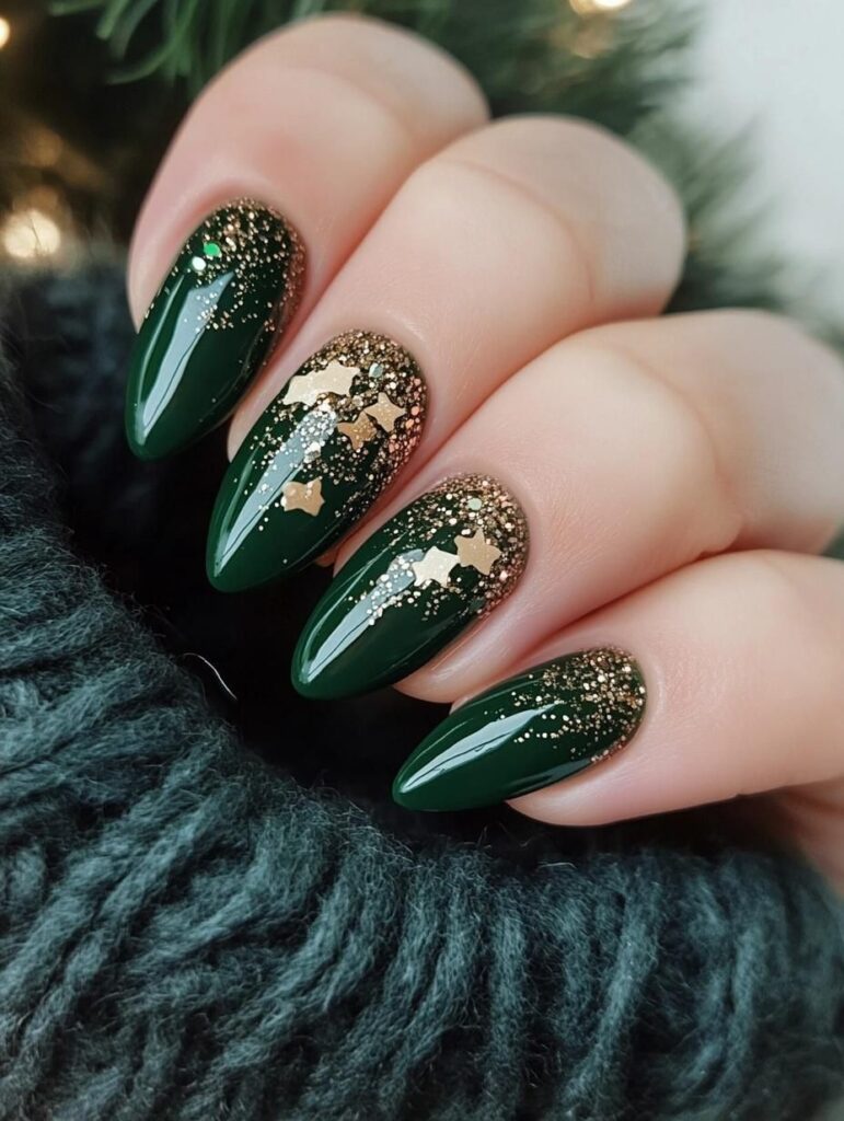Deep green oval Christmas nails with gold glam accents