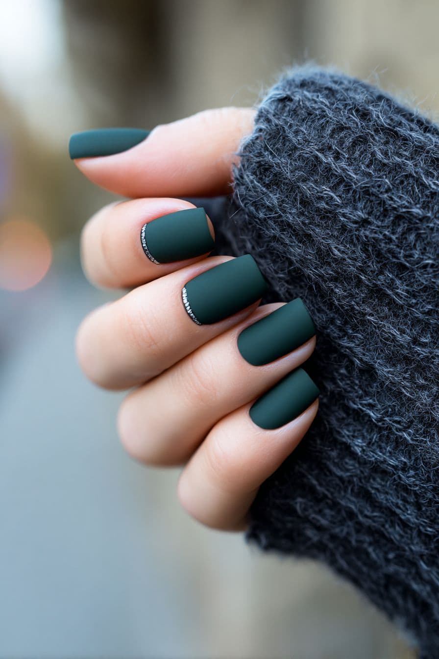 Short oval nails in deep forest green glossy polish