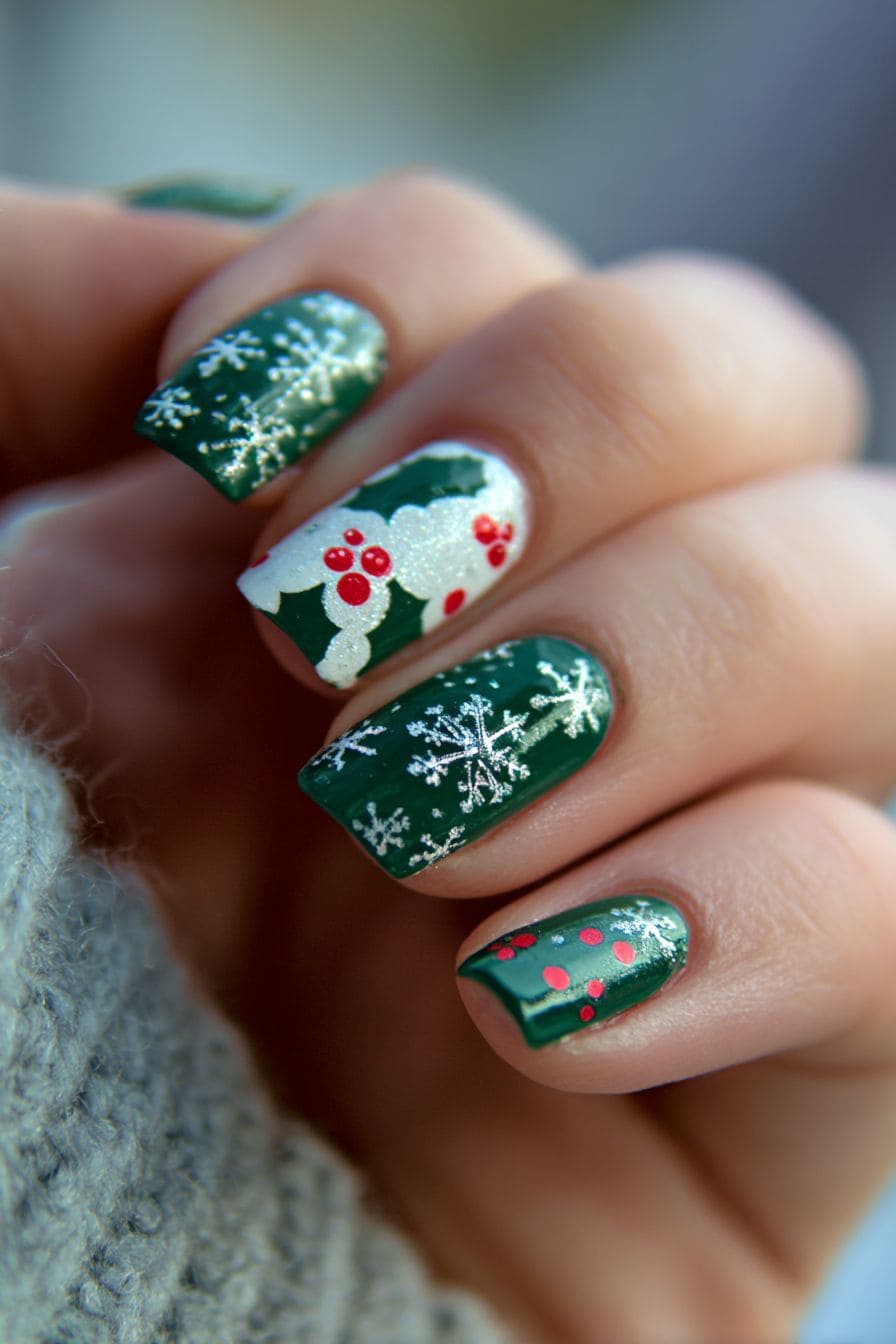 Deep green nails with white snowflake accent nail