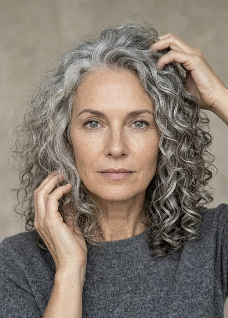 Long gray hair with soft natural curls