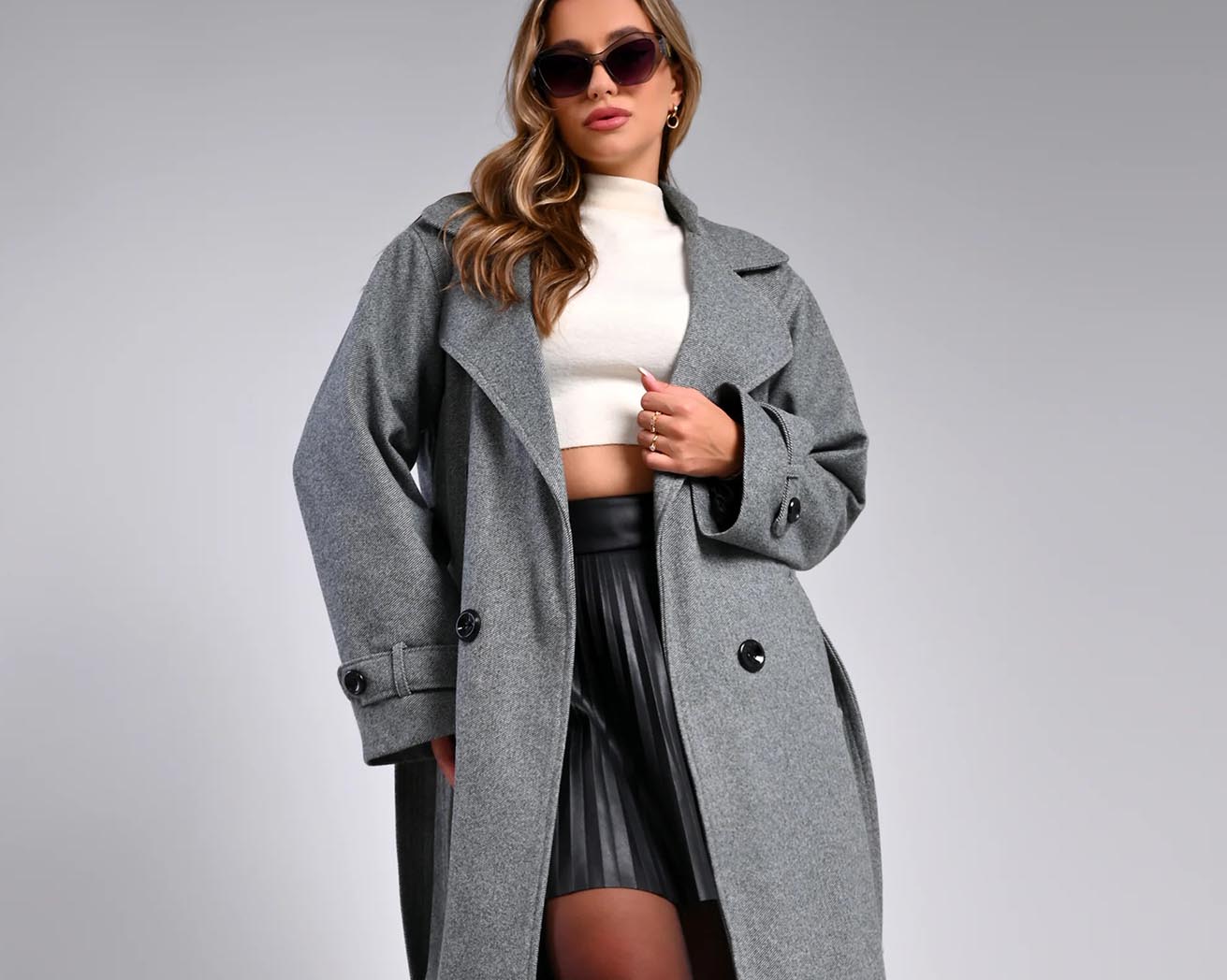 Soft Femininity: A Gray Coat with a White Turtleneck and a Pleated Midi Skirt