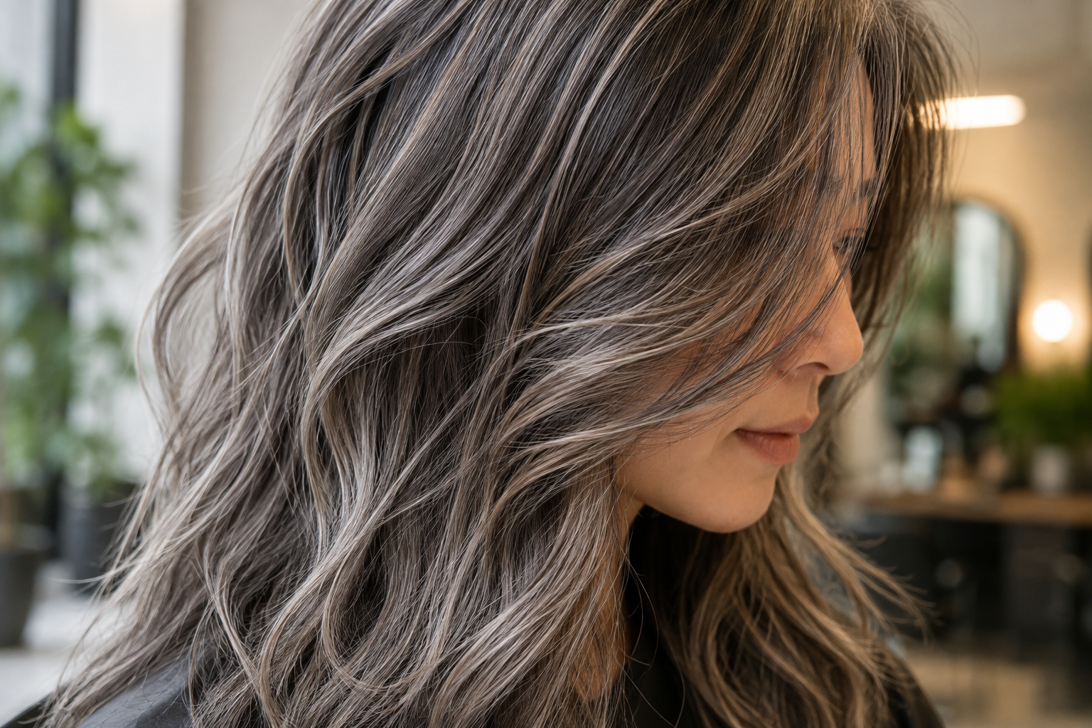 Side view of medium wavy hair with silver-gray highlights blended into dark brown