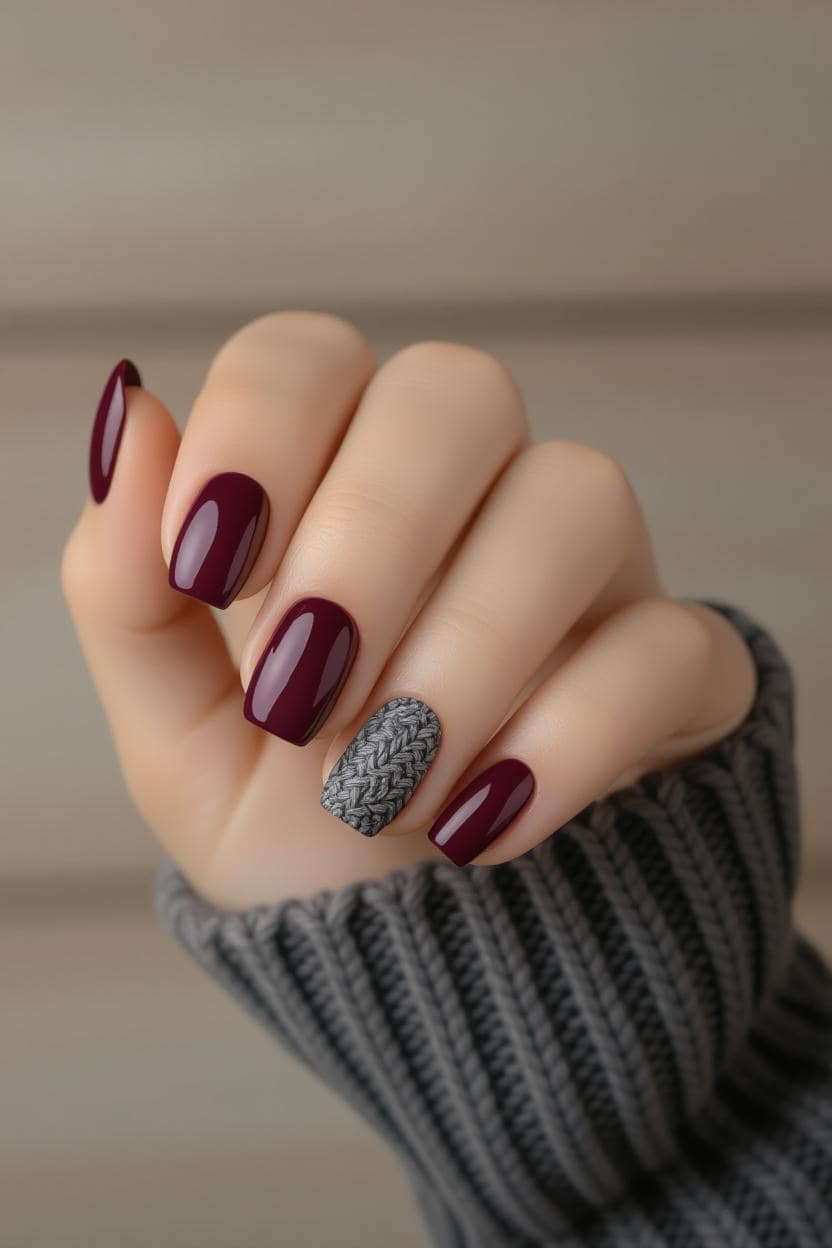 Deep burgundy matte nails with raised cable-knit texture