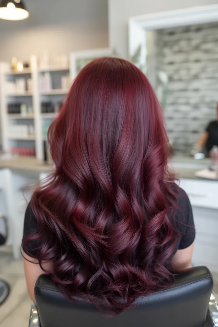 Glossy dark cherry burgundy waves in a salon blowout