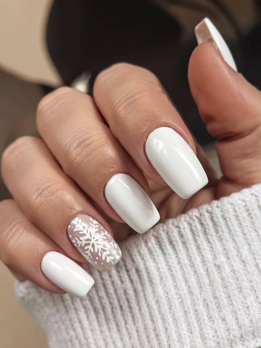 Short white Christmas nails with a snowflake accent nail