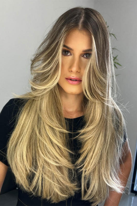 Long straight thick hair with a sleek haircut