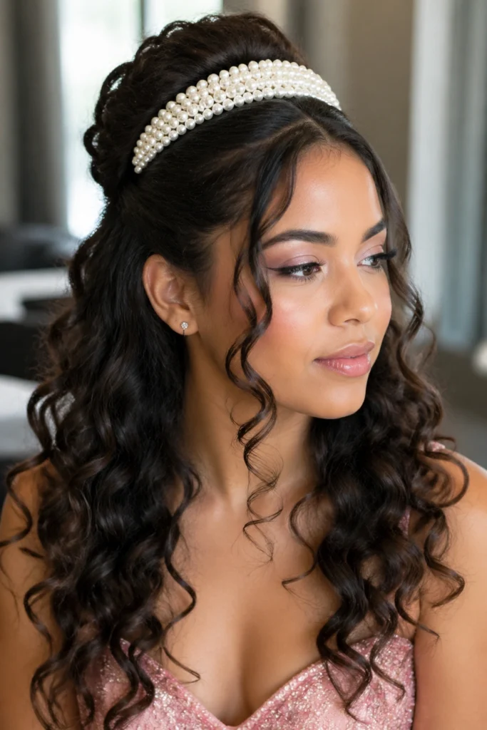 Woman with dark half-up curls wearing a pearl-embellished headband