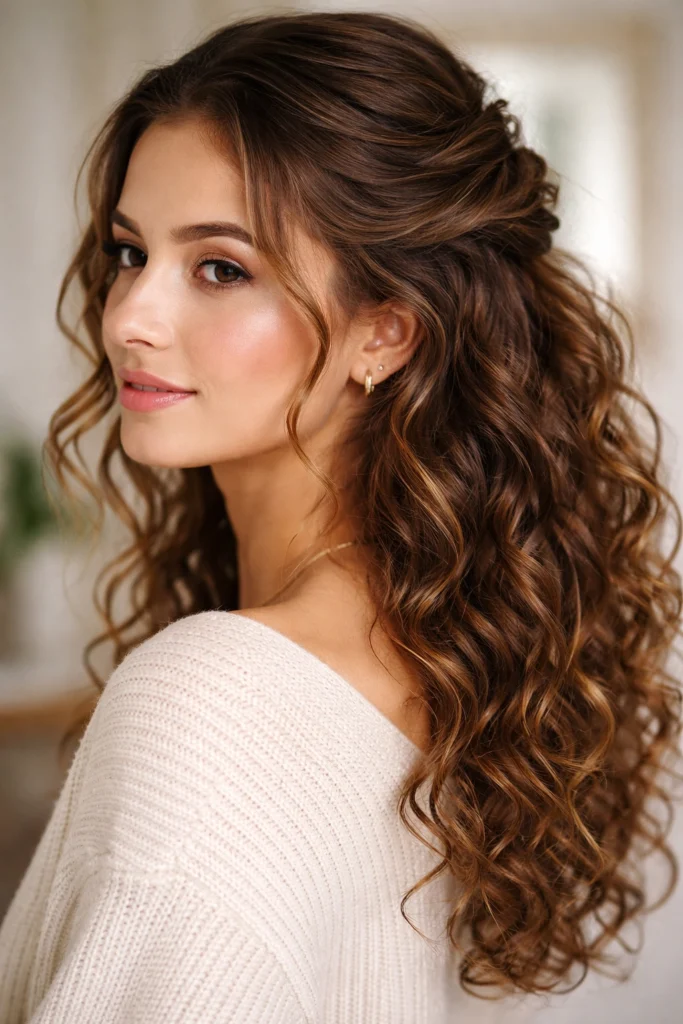 Half-up hairstyle with soft ringlet curls