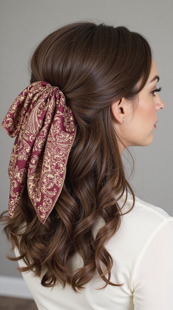 Half-up hairstyle with a burgundy paisley scarf tied in a bow
