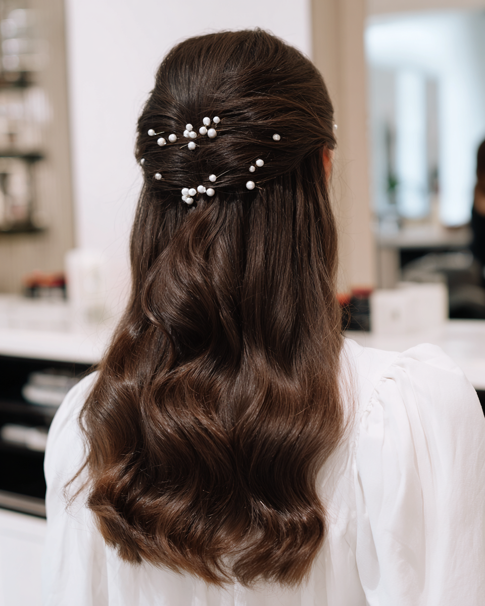 Half-up half-down wavy hairstyle with pearl hair pins