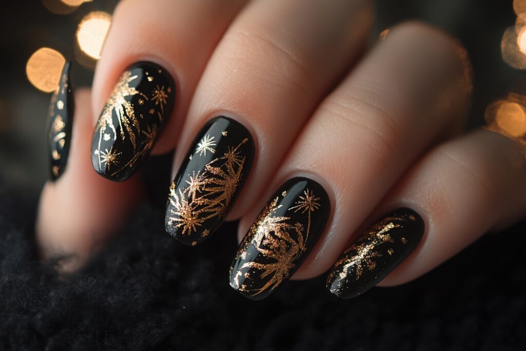 Festive New Year's nail art with celebratory lettering and sparkle