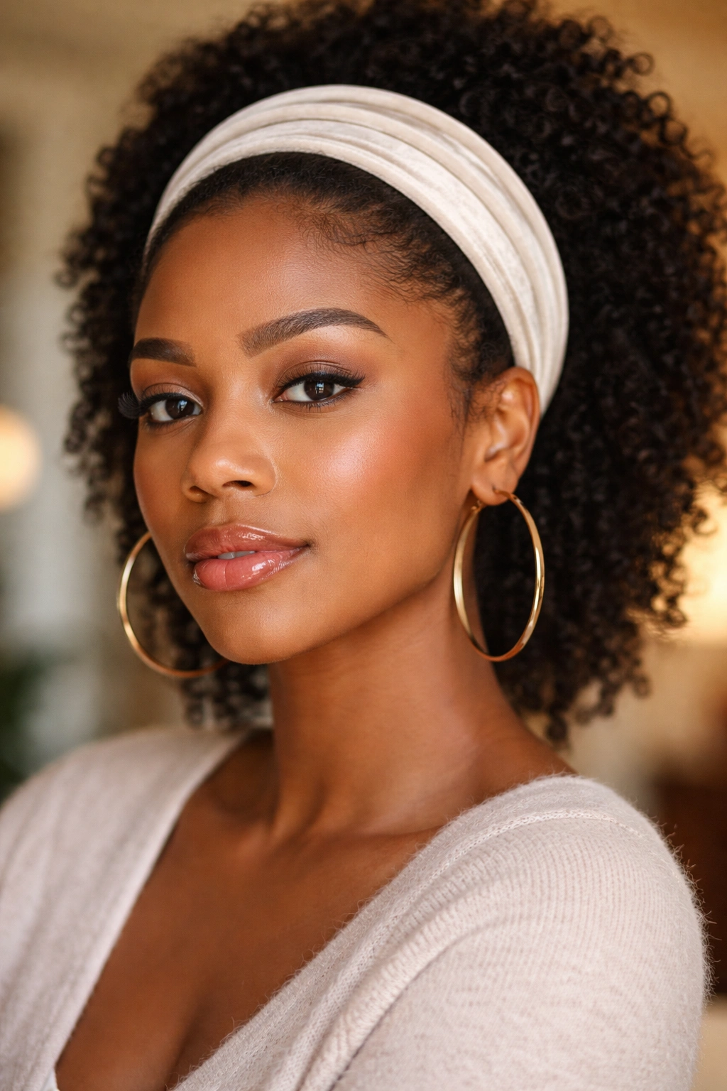 Woman with soft curls held back by a wide velvet headband