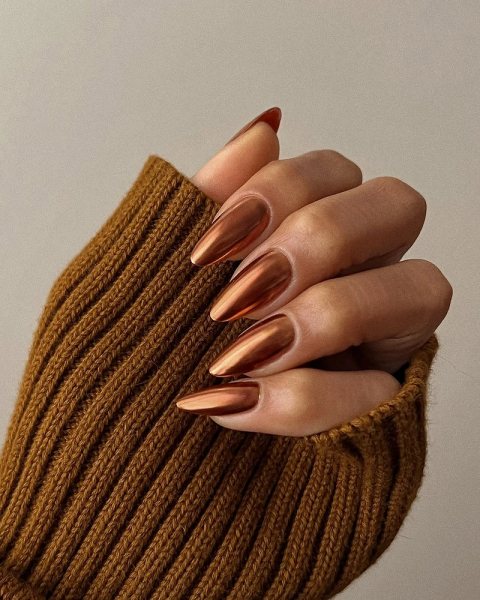Long almond winter nails with molten copper metallic finish